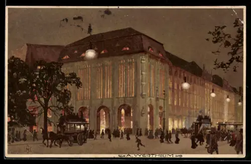 AK Berlin, Kaufhaus A. Wertheim bei Nacht