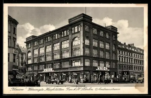 AK Berlin-Friedrichshain, Union Vereinigte Kaufstätten, Andreasstrasse, U-Bahn-Eingang