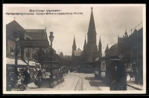 AK Berlin-Charlottenburg, Hardenbergstrasse, Kaiser-Wilhelm-Gedächtnis-Kirche, Strassenbahn