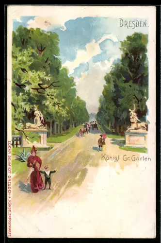 Lithographie Dresden, Königl. Gr. Garten, Allee mit Skulpturen
