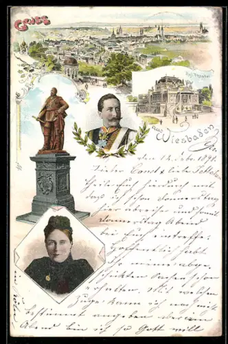 Lithographie Wiesbaden, Ortsansicht, Kgl. Theater, Kaiser Wilhelm II.