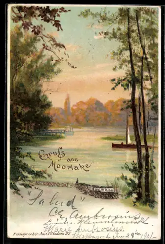 Lithographie Berlin-Wannsee, Moorlake, Forsthaus Moorlake, Blick auf See und Ufer mit Booten