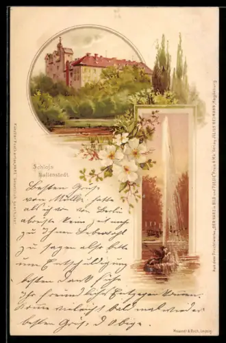 Lithographie Ballenstedt, Schloss Ballenstedt, Springbrunnen