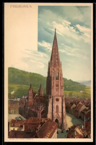 Lithographie Freiburg i. B., Blick zum Münster