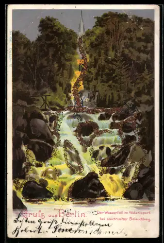 Lithographie Berlin-Kreuzberg, Wasserfall im Viktoriapark bei elektrischer Beleuchtung