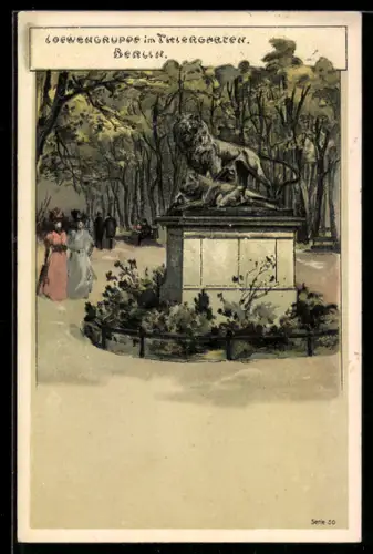 Lithographie Berlin, Löwengruppe im Tiergarten