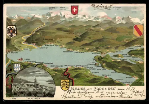 Lithographie Lindau /Bodensee, Übersichtskarte mit Ansicht von Überlingen
