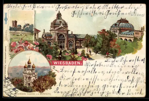 Lithographie Wiesbaden, Kurhaus, Griech. Kapelle a. d. Neroberg