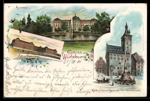 Lithographie Würzburg, Residenz, Grafen Eckhardt-Turm und Vierröhrenbrunnen