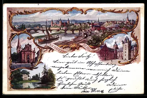 Lithographie Aschaffenburg, Ortsansicht, Kirche, Parkanlage