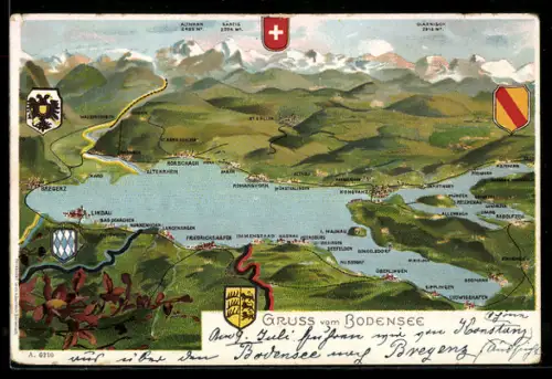 Lithographie Lindau /Bodensee, Übersichtskarte mit Städten Lindau, Bregenz, Konstanz