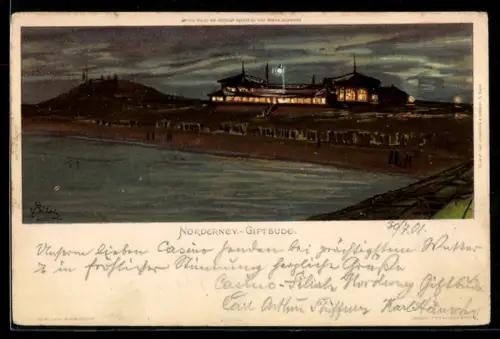 Lithographie Norderney, Giftbude am Strand