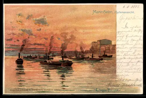 Lithographie Mannheim, Hafenansicht mit Dampfern