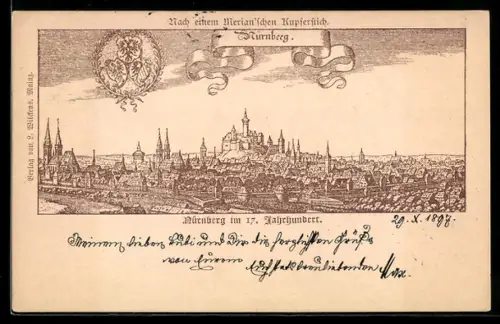 AK Nürnberg, Ortsansicht im 17. Jahrhundert nach Merian`schem Kupferstich