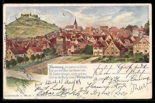 Lithographie Weinsberg, Stadtansicht mit Burg Weibertreu