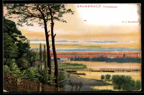 Lithographie Grunewald, Pichelswerder, Blick auf See, Steg, Uferlandschaft