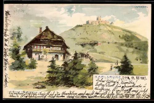 Lithographie Karlsruhe, Lauterberg, Gasthaus und Schlossruine