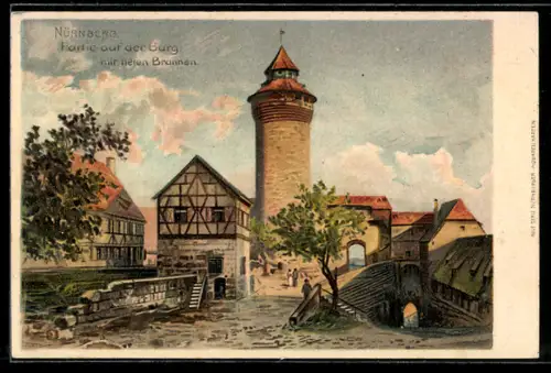 Lithographie Nürnberg, Partie auf der Burg mit neuem Brunnen