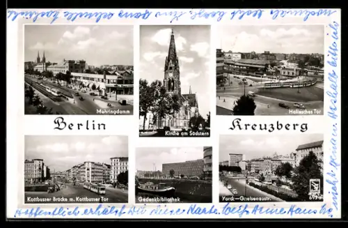 AK Berlin-Kreuzberg, Mehringdamm, Kirche am Südstern, Kottbusser Brücke, Gedenkbibliothek