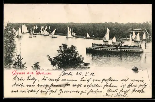 AK Grünau, Segelregatta und Ausflugsdampfer auf der Dahme