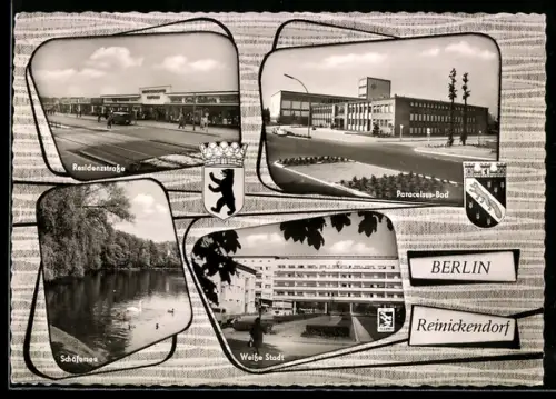 AK Berlin-Reinickendorf, Residenzstrasse, Paracelsus-Bad, Schäfersee, Weisse Stadt
