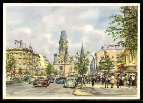 Künstler-AK Berlin-Charlottenburg, Kaiser-Wilhelm-Gedächtnis-Kirche, Strassenszene, Autos, Passanten