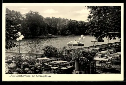 AK Berlin-Schlachtensee, Alte Fischerhütte, Terrassen-Restaurant, Café