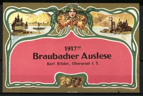 Getränkeetikett Karl Röder, Oberursel i. T., 1917er Braubacher Auslese