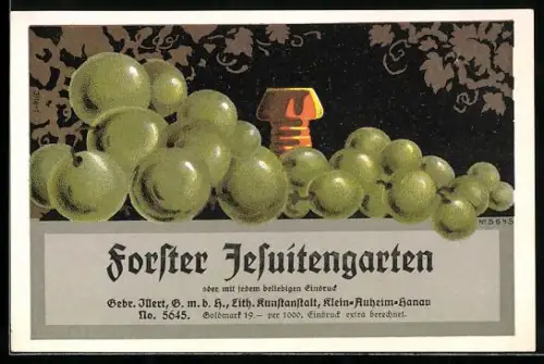 Getränkeetikett Forster Jesuitengarten, Weinglas und Weintrauben