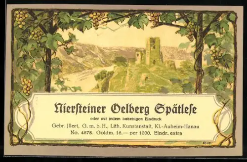 Getränkeetikett Niersteiner Oelberg Spätlese, Burgansicht am Rhein