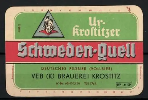 Getränkeetikett VEB Brauerei Krostitz, Ur-Krostitzer Schweden-Quell, Deutsches Vollbier