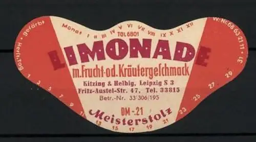 Getränkeetikett Kitzing & Helbig, Leipzig, Limonade mit Frucht- oder Krätergeschmack