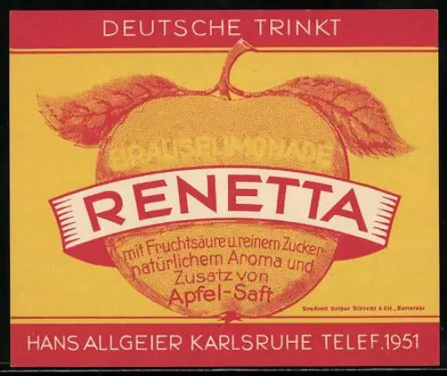 Getränkeetikett Hans Allgeier, Karlsruhe, Renetta Brauselimonade