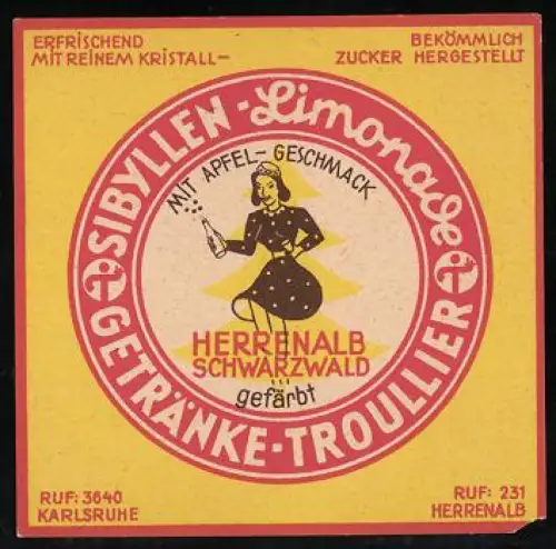 Getränkeetikett Getränke-Troullier, Herrenalb /Schwarzwald, Sibyllen-Limonade