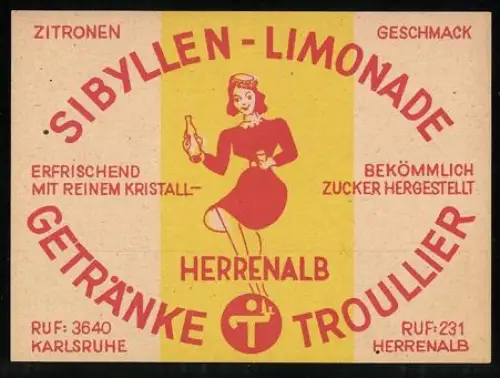 Getränkeetikett Getränke-Troullier, Karlsruhe, Herrenalb, Sibyllen-Limonade