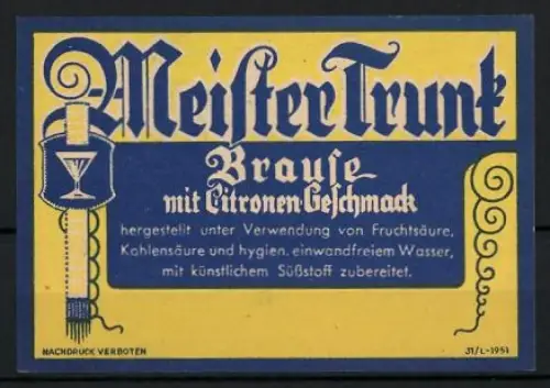 Getränkeetikett Meister Trunk, Brause mit Citronen-Geschmack