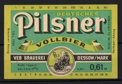 Getränkeetikett VEB Brauerei Dessow /Mark, Deutsches Pilsner Vollbier