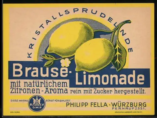 Getränkeetikett Philipp Fella, Würzburg, Brause-Limonade mit natürlichem Zitronen-Aroma