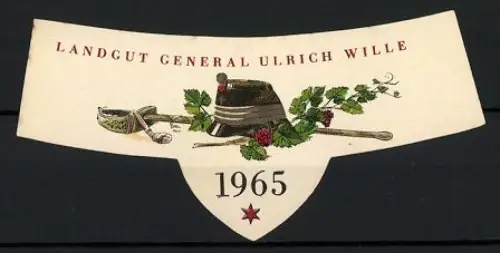 Getränkeetikett Landgut General Ulrich Wille, 1965, Tschako und Säbel