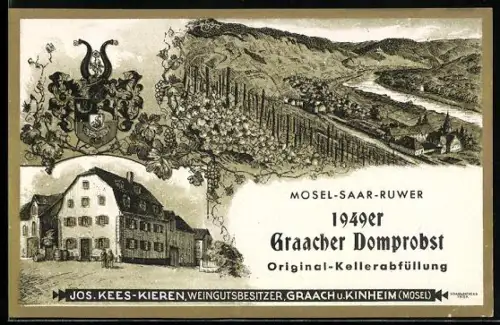 Getränkeetikett Jos. Kees-Kieren, Weingutbesitzer, Graach u. Kinheim, 1949er Graacher Domprobst