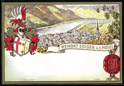 Getränkeetikett Weinort Ediger a. d. Mosel, Ortsansicht mit Mosel, Wappen und Siegel