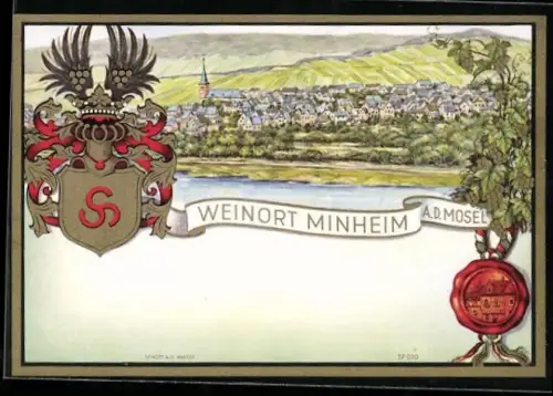 Getränkeetikett Weinort Minheim a. d. Mosel, Ortsansicht mit Fluss, Wappen und Siegel
