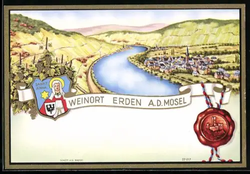 Getränkeetikett Weinort Erden a. d. Mosel, Ortsansicht mit Fluss, Wappen und Siegel