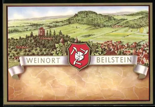 Getränkeetikett Weinort Beilstein, Ortsansicht mit Weinfeldern, Wappen