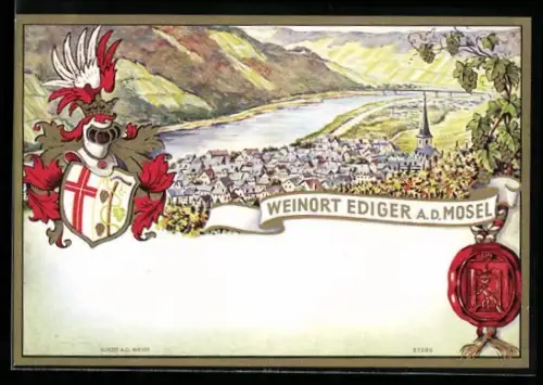 Getränkeetikett Weinort Ediger a. d. Mosel, Ortsansicht mit Fluss, Wappen und Siegel