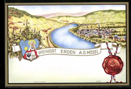 Getränkeetikett Weinort Erden a. d. Mosel, Ortsansicht mit Fluss, Wappen und Siegel