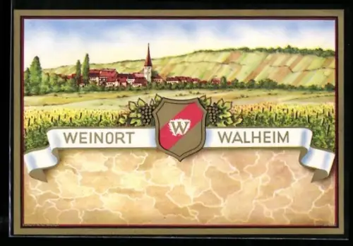 Getränkeetikett Weinort Walheim, Ortsansicht mit Kirche und Weinbergen