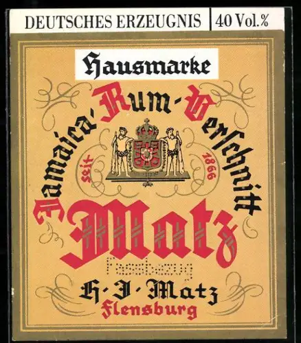 Getränkeetikett H. J. Matz, Flensburg, Jamaica Rum-Verschnitt Matz, Wappen