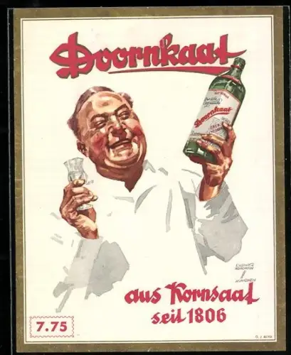 Getränkeetikett Doornkaat, Lachender Mann mit Flasche