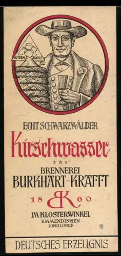 Getränkeetikett Burkhart-Krafft, Emmendingen, Schwarzwälder Kirschwasser, Mann mit Flasche